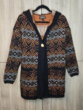 Shyanne Long Hooded Sweater Womens Aztec Tribal Western One Button Comfy Warm M